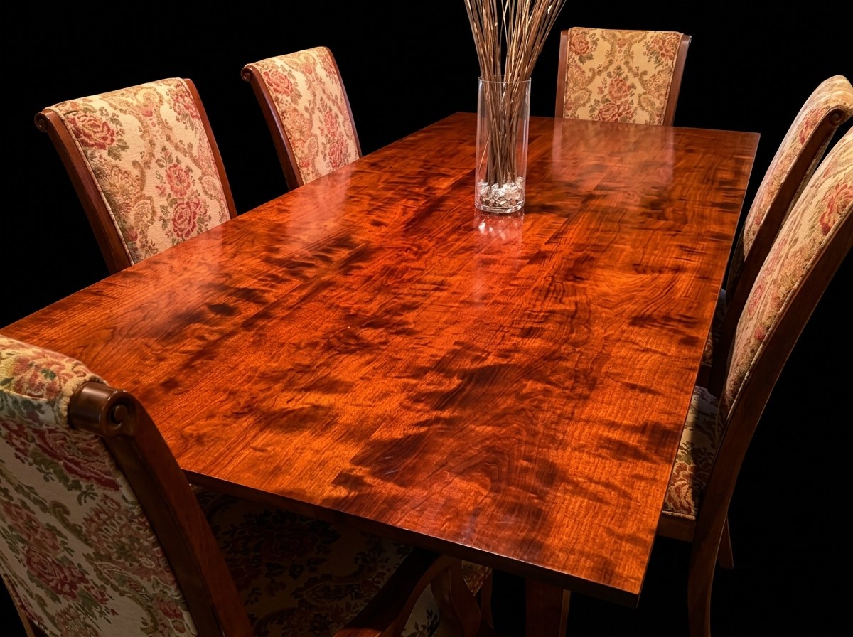 Curly cherry dining table with upholstered chairs, on studio black.