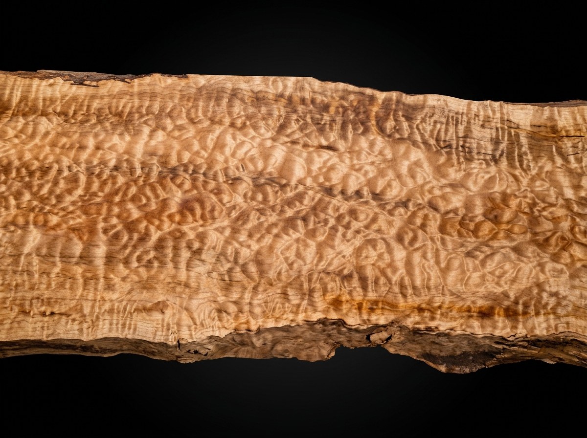 Quilted maple slab top with a gaboon ebony bowtie inlay, showing chatoyance in the grain, on studio black.