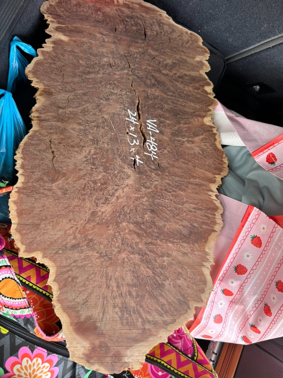 Cut vasticola burl chunk on the workbench, raw sawn face.