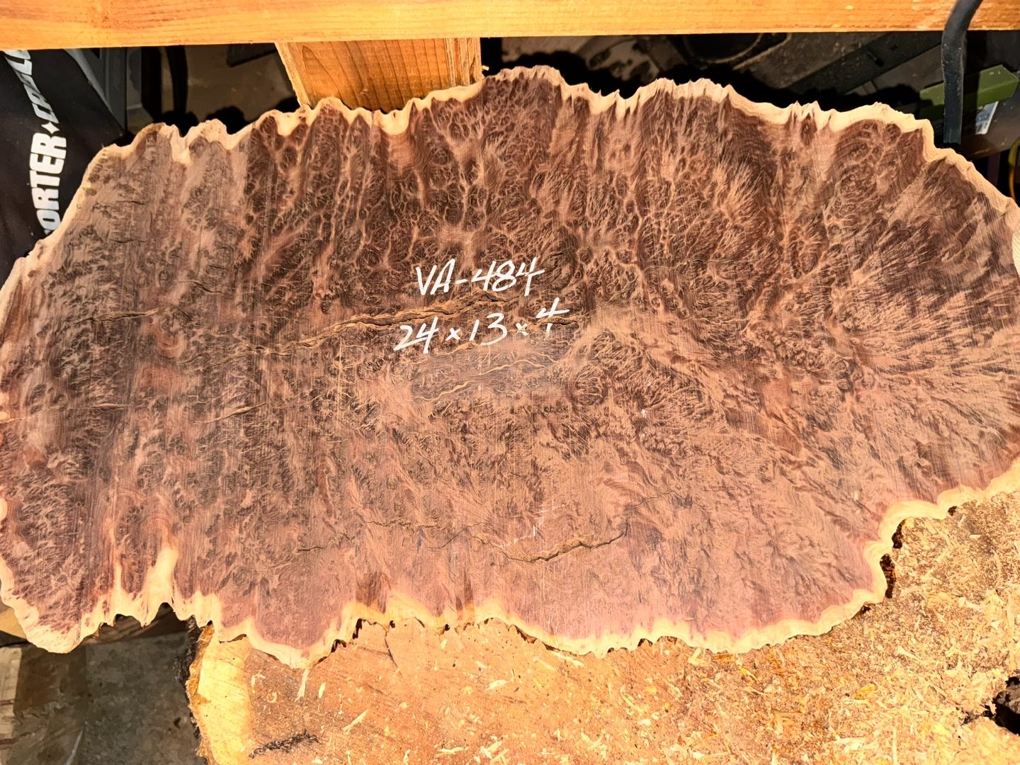 Vasticola burl chunk cut face, textural closeup.
