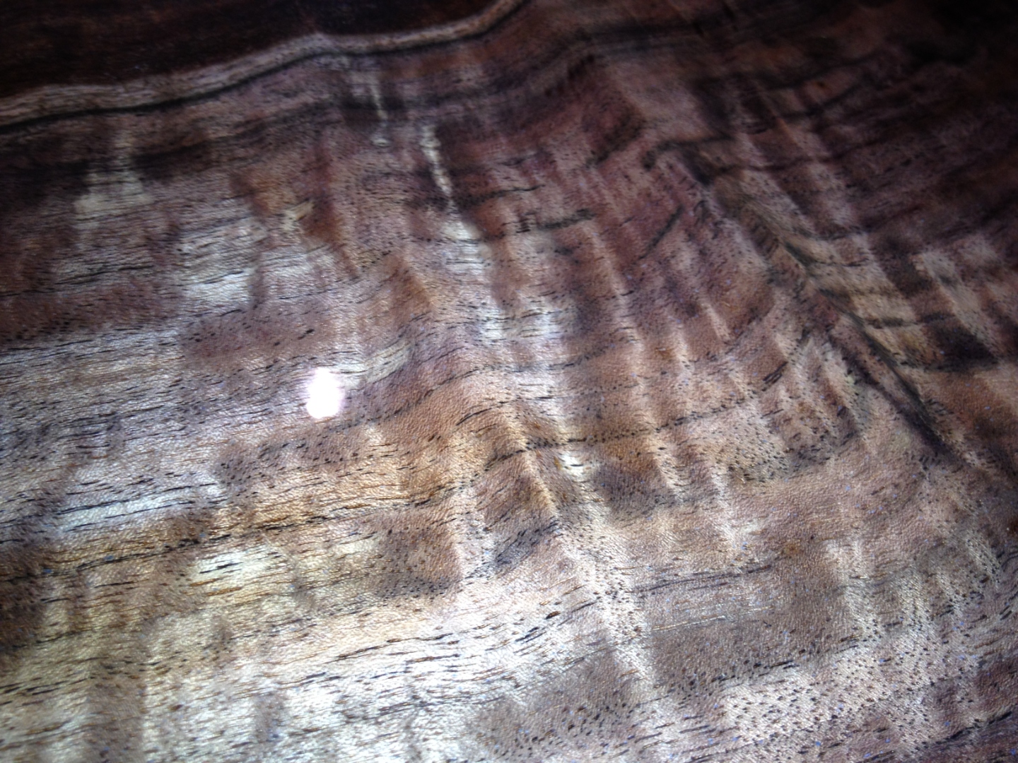 Curly walnut surface under water preview, ripples showing dimensional figure.